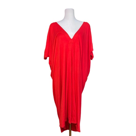 Trina Turk Maxi Caftan Dress V-Neck Short Sleeves Bright Red Orange Womens Sz 10 - Picture 8 of 8